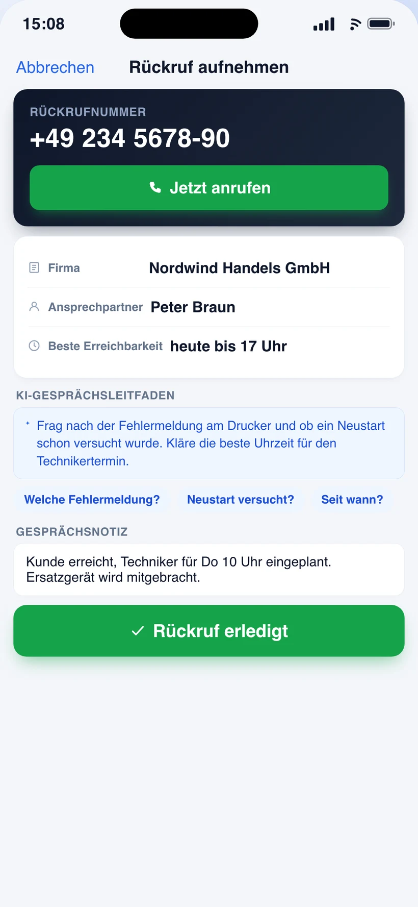rapidFOX-App: Rückruf