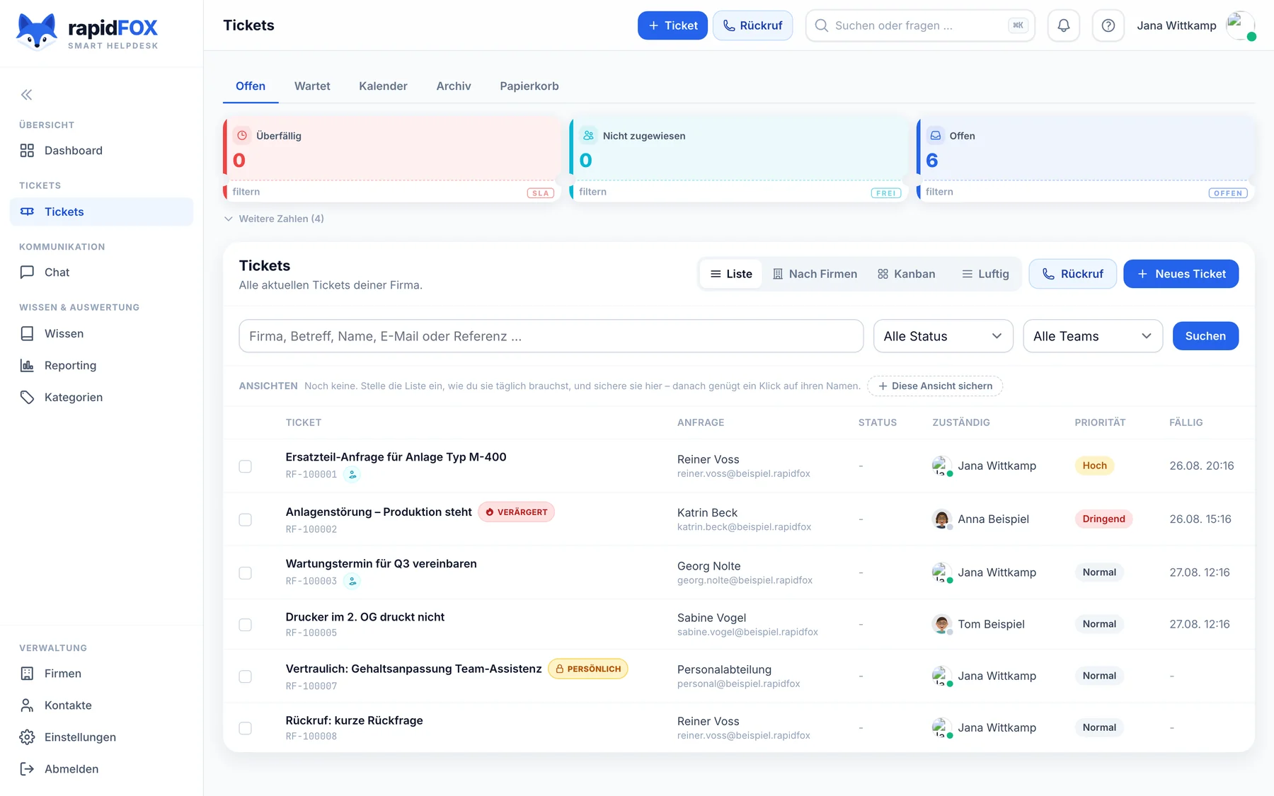 rapidFOX – Ticketübersicht mit Fristen, Zuständigkeiten und Prioritäten
